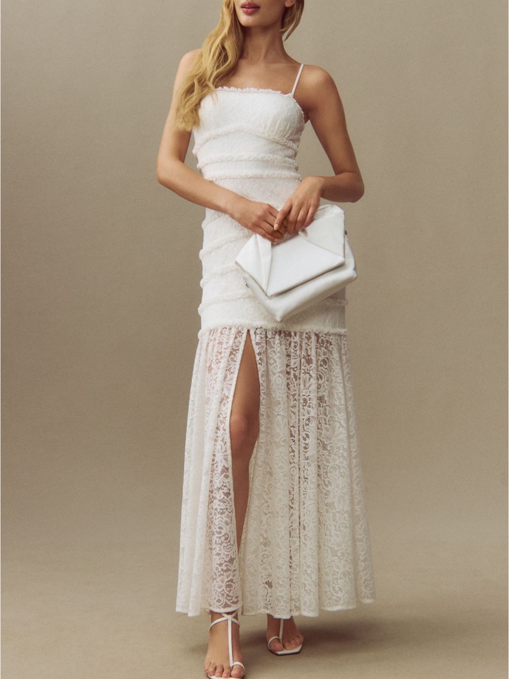 BHLDN Anthropologie Ivory Lace Spaghetti-Strap Gown with Front Slit SOLD OUT
